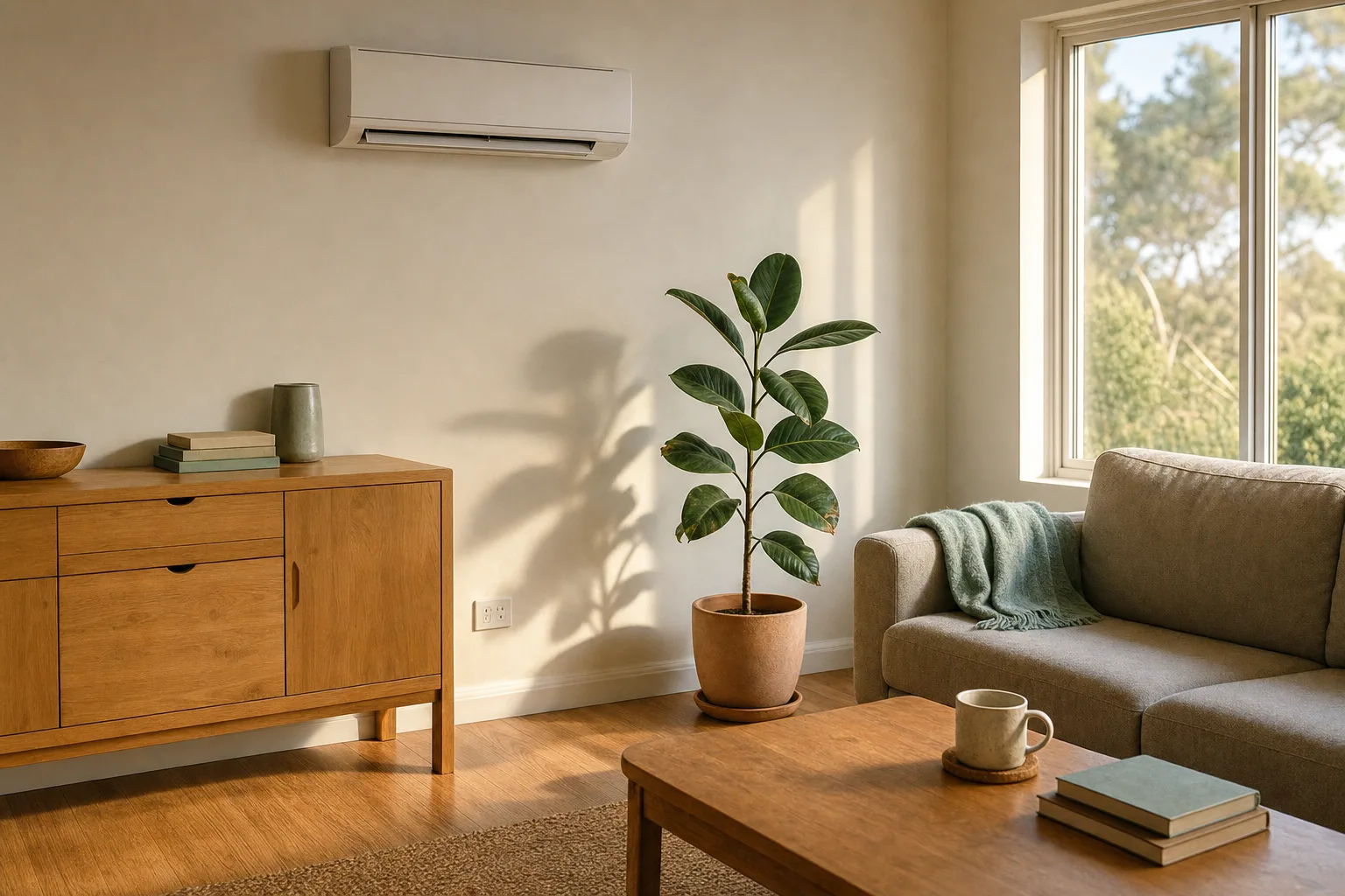 Wall-mounted split system in a warm, lived-in living room