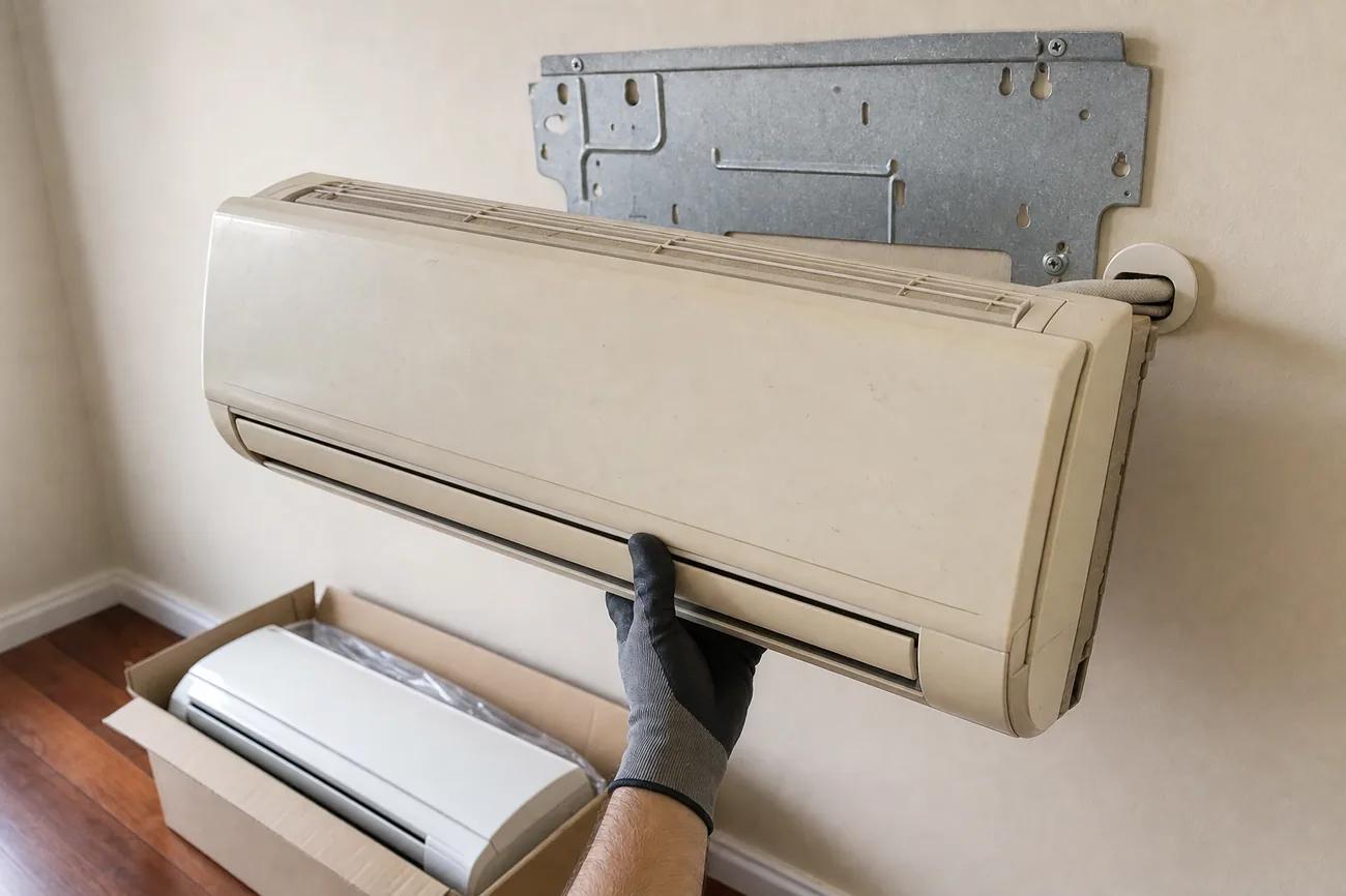 An old wall-mounted split system head being lifted off its bracket, the replacement unit boxed below