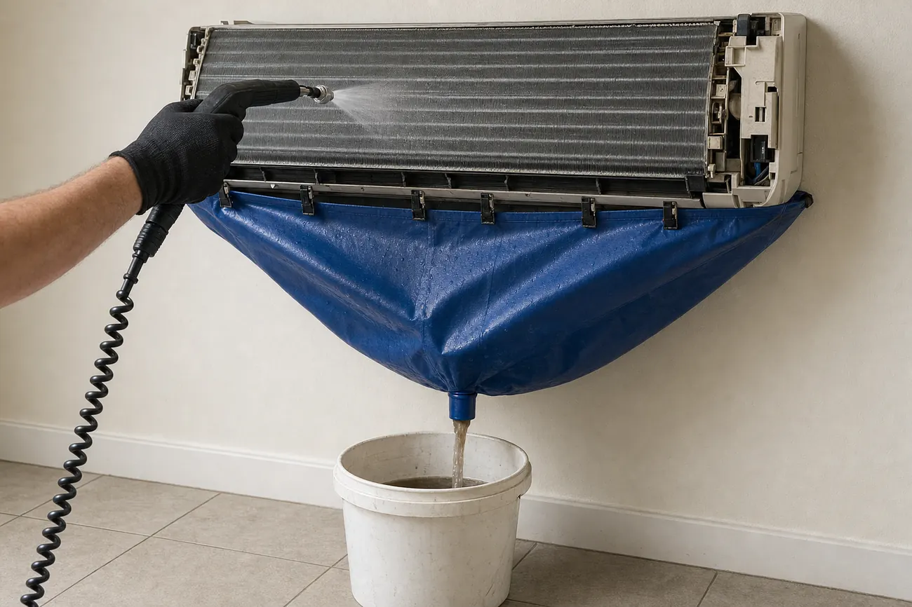 A split system indoor unit being deep cleaned, the coil flushed into a waterproof catch bag and bucket