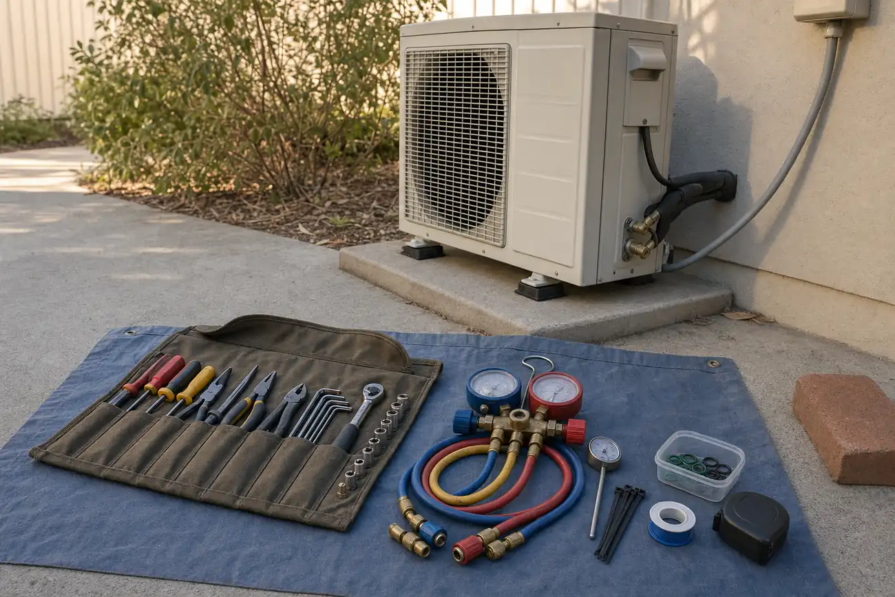 Technician tool roll and refrigerant manifold gauge set laid out at a residential job site
