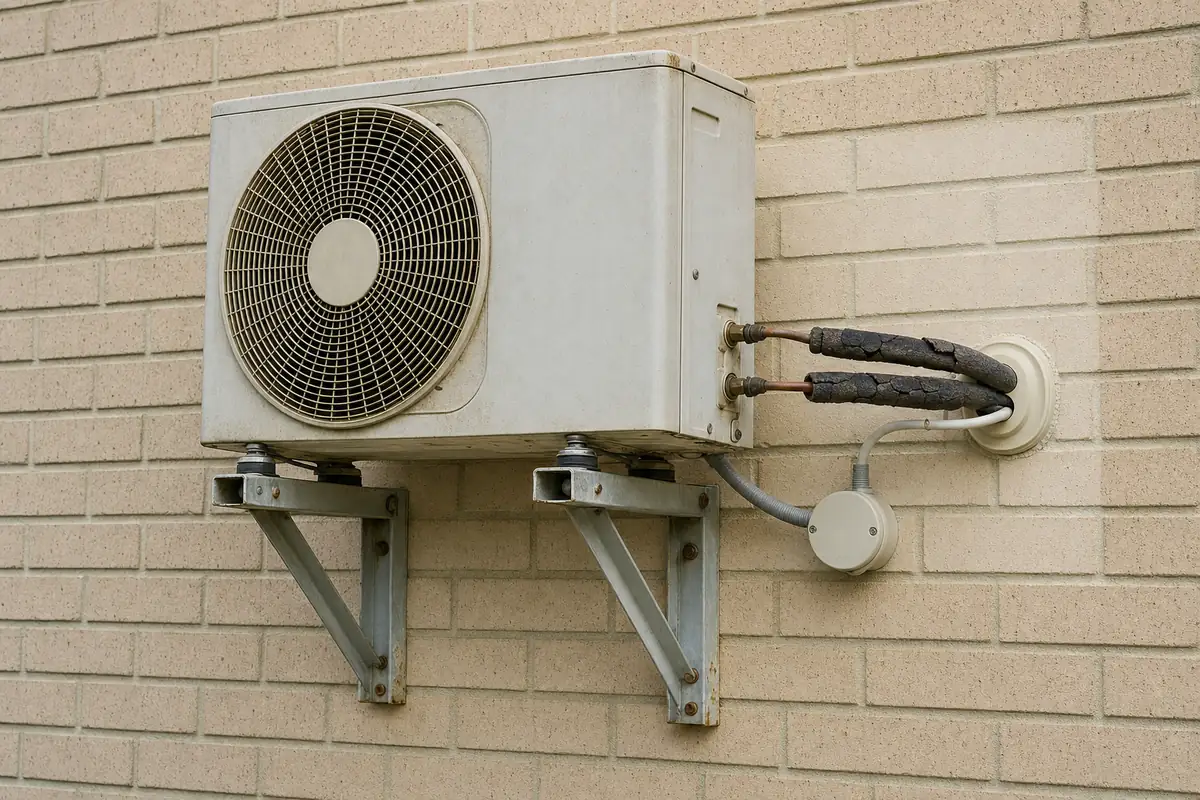 Sun-faded outdoor condenser unit on a wall bracket with perished pipe lagging