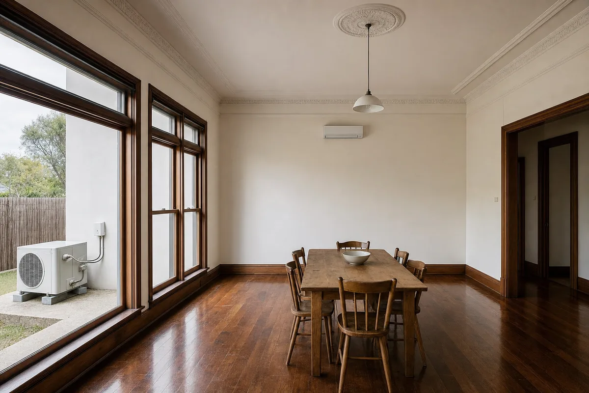 Large high-ceilinged character dining room with a deep cornice and tall windows
