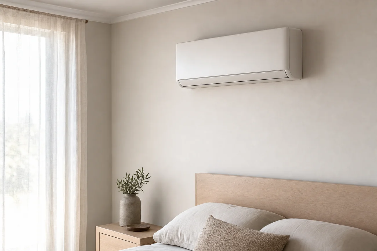 A modern wall-mounted split system indoor unit in a bedroom
